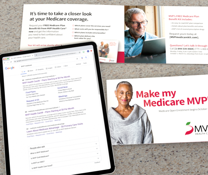 MVP paid search results shown on tablet next to a MVP AEP self mailer