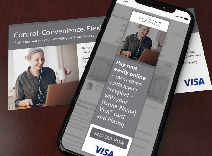 Close up of Plastiq buckslip, front and a Plastiq digital banner ad shown in an iPhone for marketing toolkit
