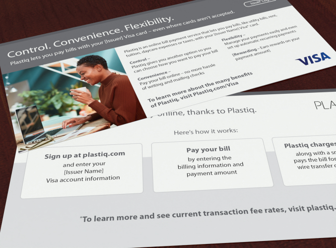 Close up of Plastiq buckslip, front and back for marketing toolkit