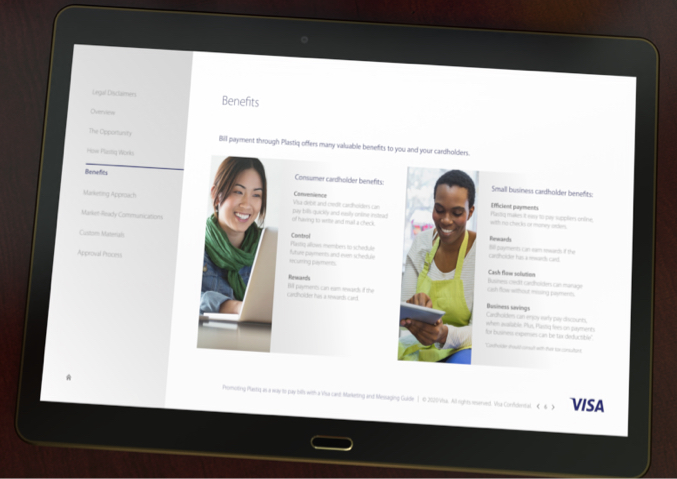 Close up of Visa Plastiq marketing toolkit slide on tablet