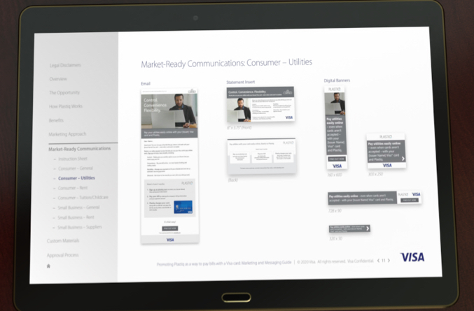 Close up of Visa Plastiq marketing Toolkit slide on tablet