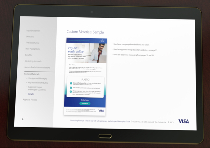 Close up of Visa Plastiq marketing Toolkit slide on tablet