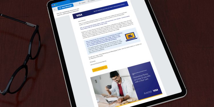 A Plastiq email shown on an iPad next to a Plastiq buckslip for marketing toolkit