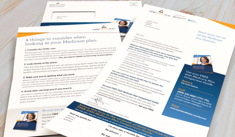 Aspire Health Plan letter package with OE, letter and insert promoting Medicare for unique market