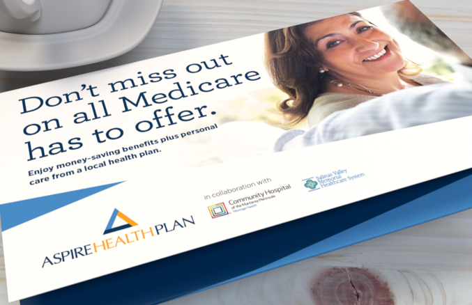 Close up of Aspire Health Plan self mailer promoting benefits for unique Medicare market