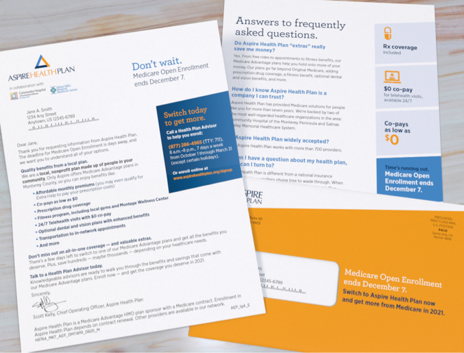 Aspire Health Plan letter package with front side of insert, letter and OE for unique Medicare market