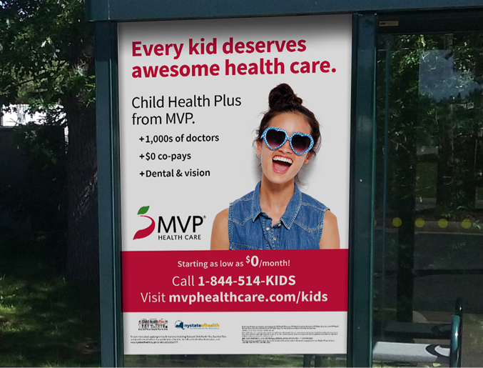 MVP Child Health Plus bus shelter poster with teenage girl promoting new child care plan with positivity