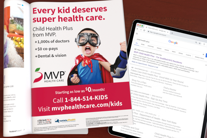 MVP Child Health Plus google search shown on iPad next to a Child Health Plus magazine print ad using positivity to promote child care plan