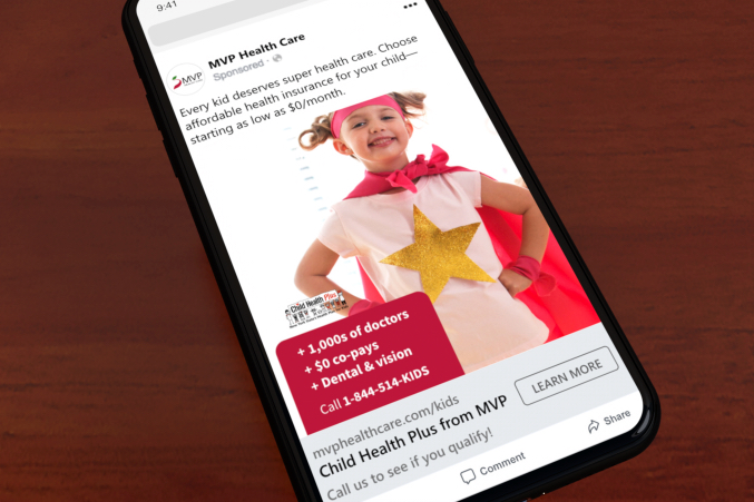 MVP Child Health Plus paid Facebook ad of young girl dressed as superhero using positivity to promote new child care plan