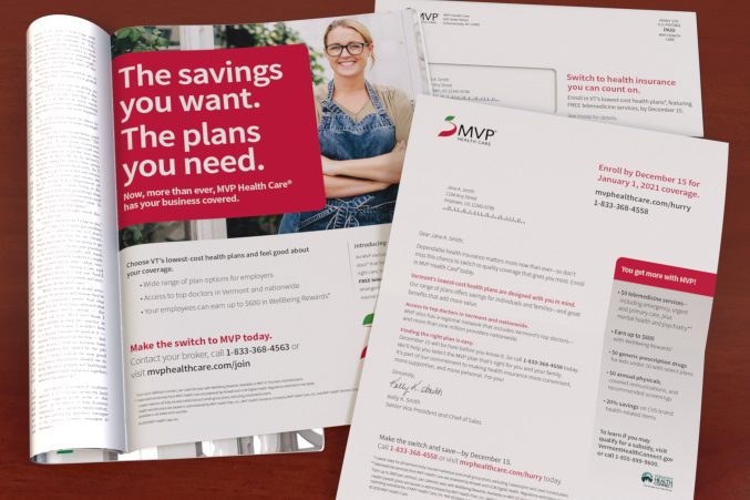 MVP print ad shown in magazine next to an MVP letter and envelope