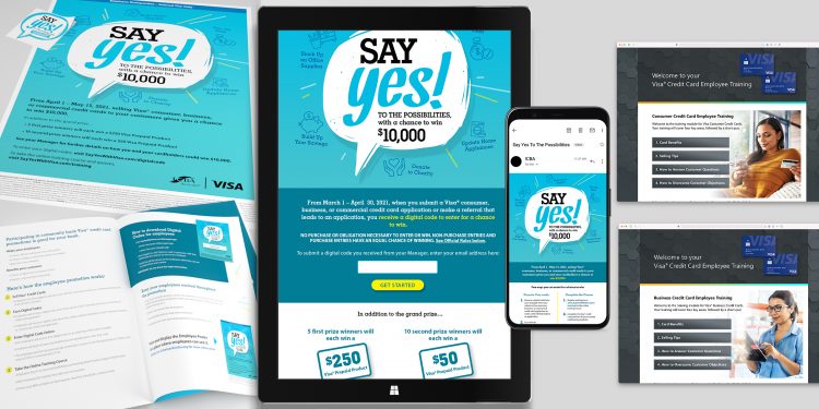 Visa ICBA Say Yes promo materials, includes poster, landing pages, email, and brochure