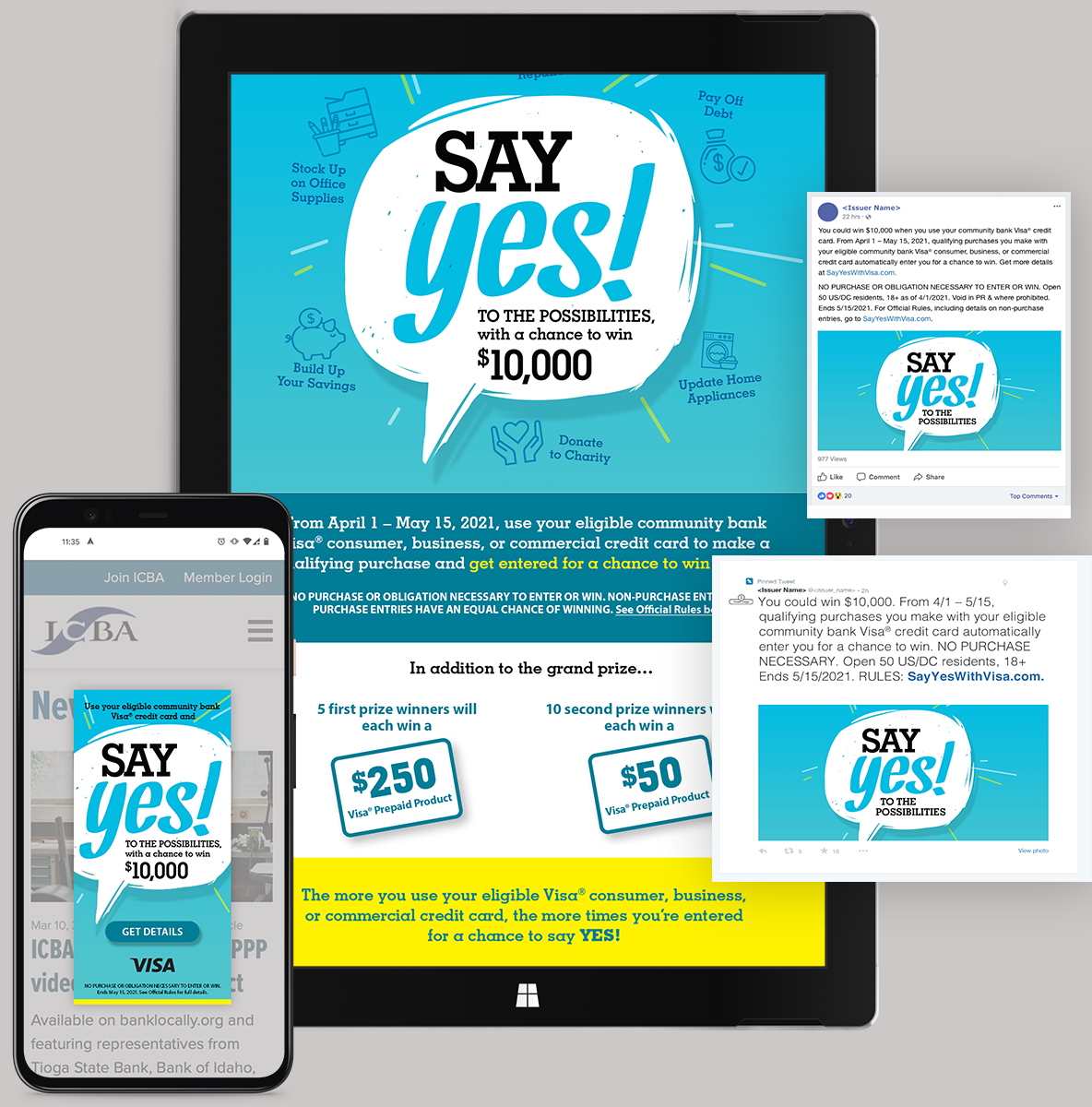 Visa ICBA Say Yes promo materials, social ads, email, and banner ad