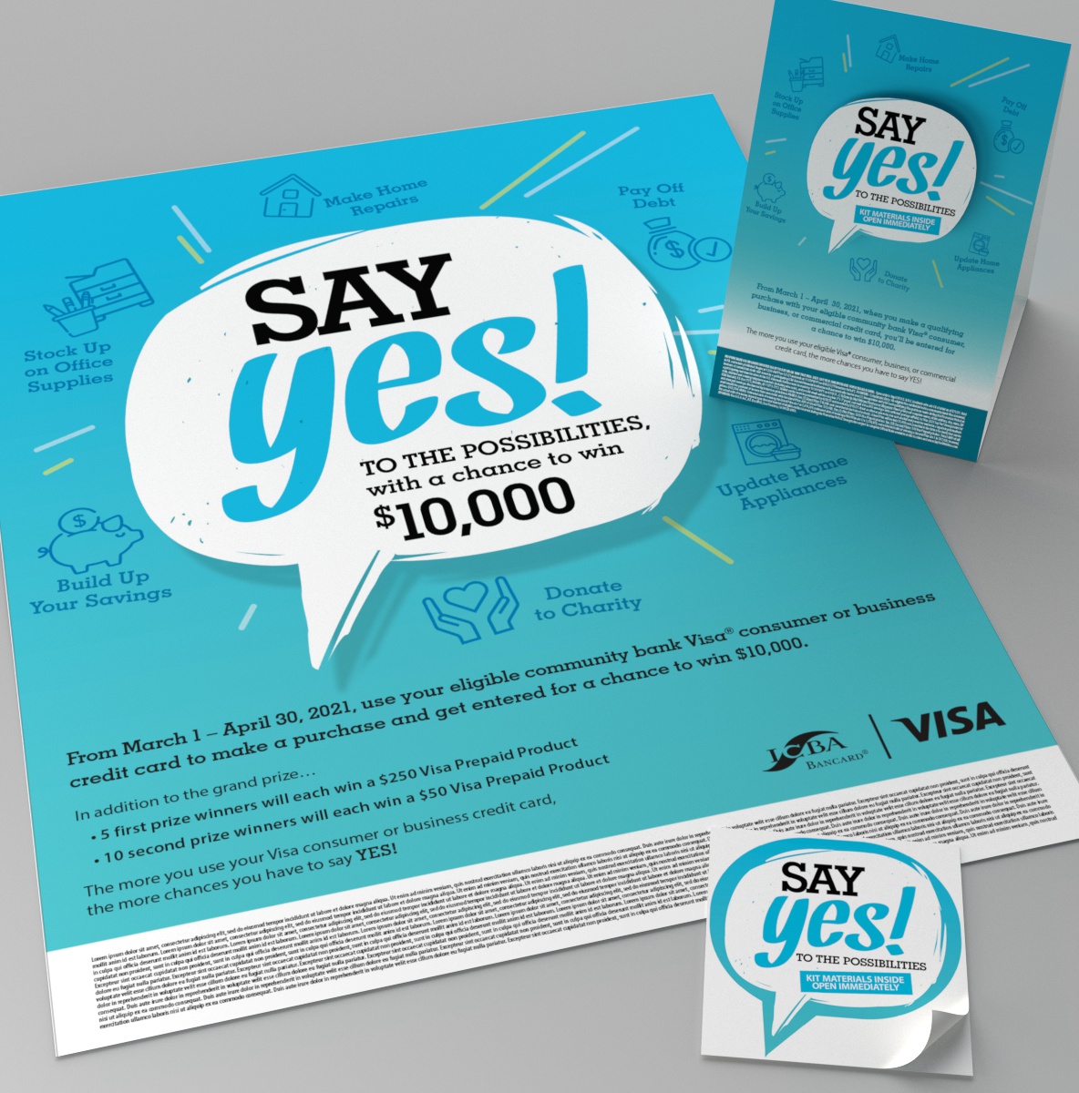Visa ICBA Say Yes promo materials, includes poster, sticker, and table tent