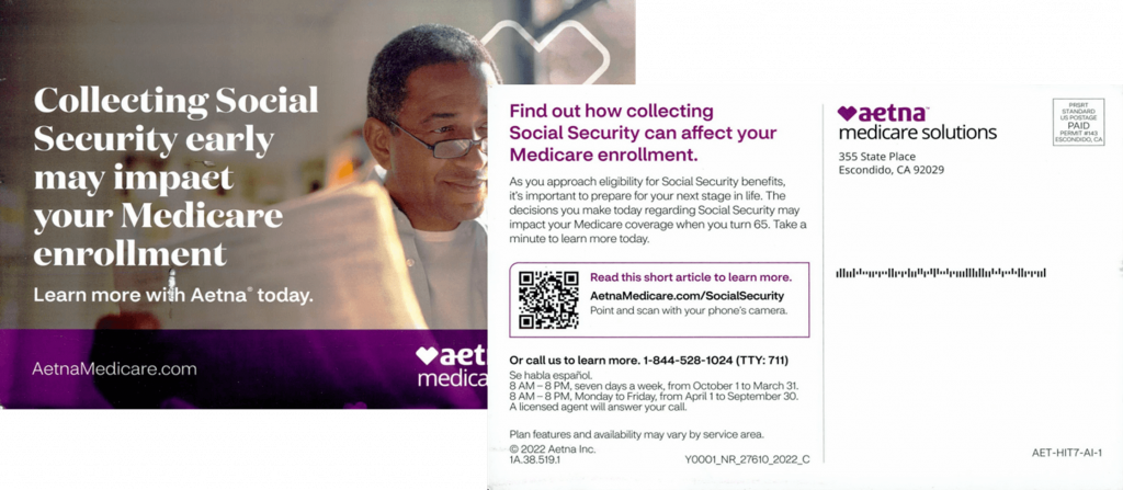 Screenshot of an Aetna direct mail piece using a QR code 