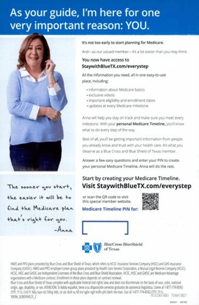 Screenshot of a BlueCross BlueShield of Texas Medicare direct mail piece using a QR code 