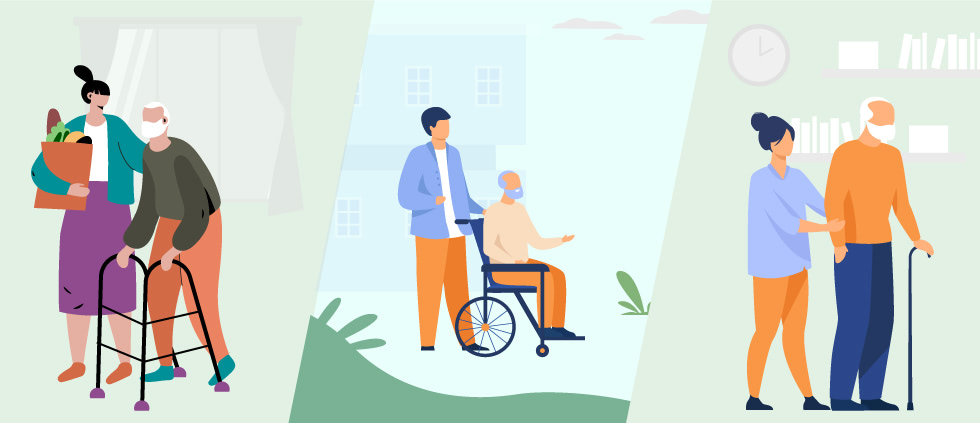 A graphic shows three scenes of caregivers supporting older adults in daily lives to introduce this blog on caregiver support in Medicare plans..