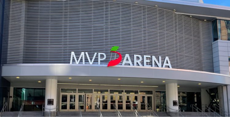 Outside view of the MVP arena sign, during the day