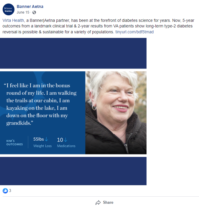 Facebook screenshot from Banner Aetna with a testimonial from a patient coping with type 2 diabetes 