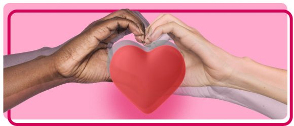 Two hands form together to create a heart overlapped by an animated red heart with a pink backdrop