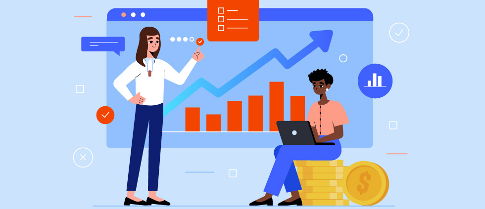 A computer illustration shows a woman presenting analytics regarding return on marketing investment (ROMI) to a seated colleague.