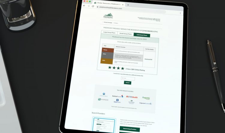 Piedmont's Group Coverage Broker page displayed online sales on an iPad