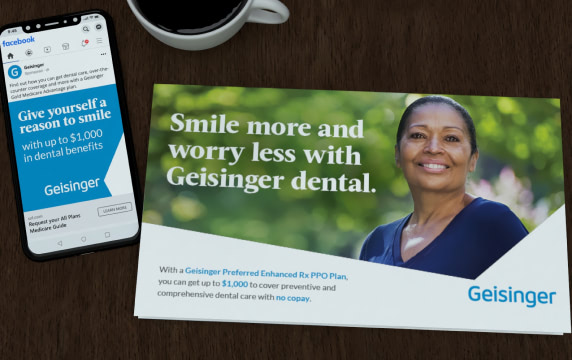 outside front panel of a Geisinger direct mailer next to a Geisinger facebook ad
