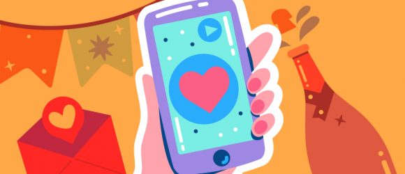 illustration of a hand holding a smartphone. There's a heart on the screen. The image has an orange background with celebratory images, like champagne, gifts and party banners.