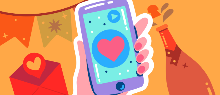 illustration of a hand holding a smartphone. There's a heart on the screen. The image has an orange background with celebratory images, like champagne, gifts and party banners.