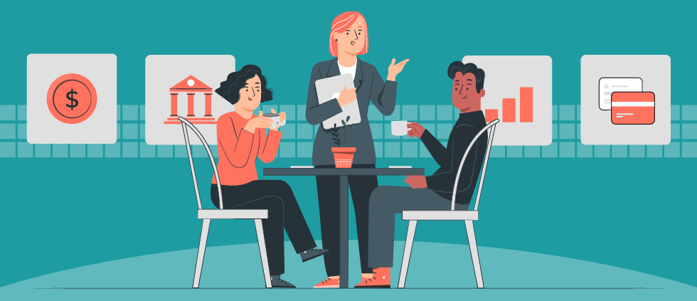 Illustration of three individuals in business casual clothes at a bank branch. They're around a table -- one standing with an armful of papers; two sitting drinking coffee.