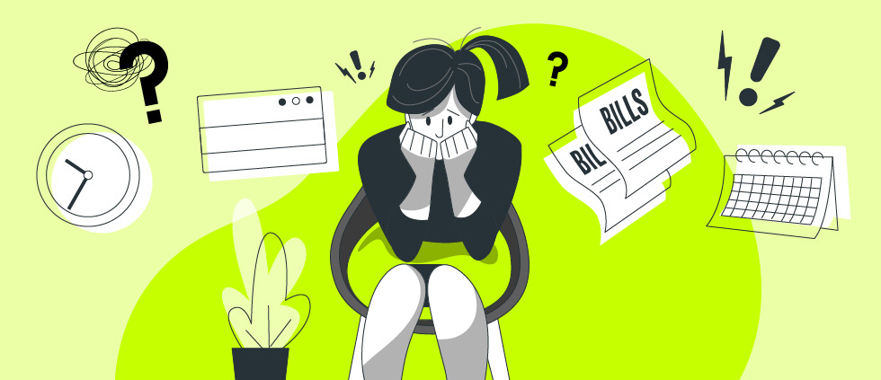 illustration of consumer fretting over financial pressures. figure is sitting in a chair surrounded by bills and other financial statements on a green background.