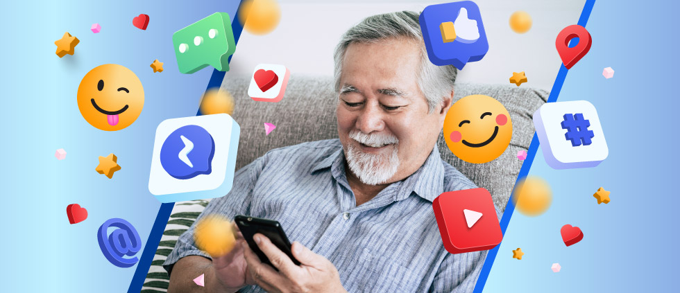 Artistic representation of seniors consuming Medicare-related content on social media.