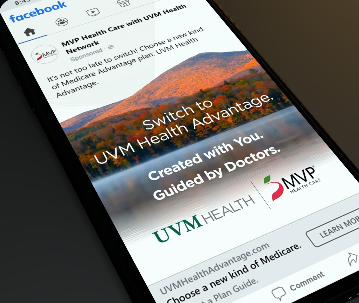 Close up of a MVP UVM paid social ad for promoting new Medicare Advantage plan on Facebook