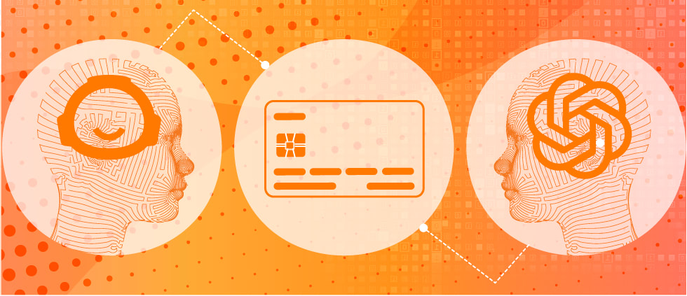 Orange background with three lighter circles each containing illustrations: two heads with brains and a credit card. This is the feature image for a blog post about ChatGPT authoring a payment card marketing article.