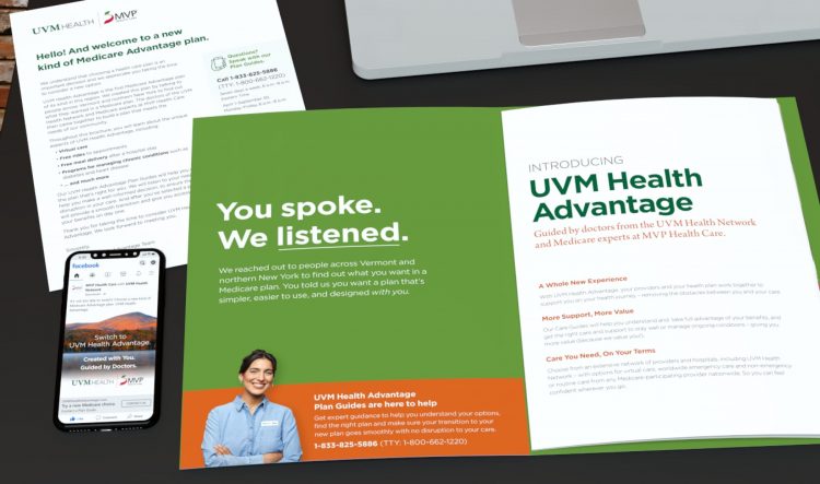 MVP/UVM guide opened to first page with a UVM letter and FB paid social ad at its side