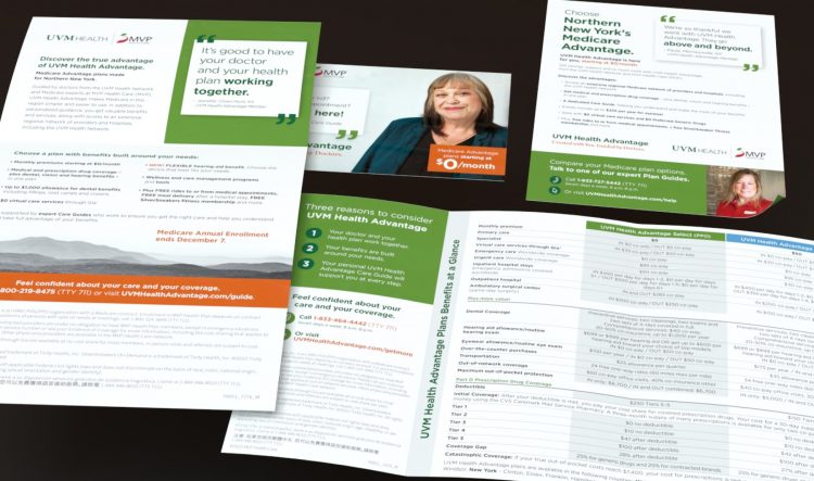 A UVM letter package including a letter, insert, buckslip and an opened Medicare Advantage guide