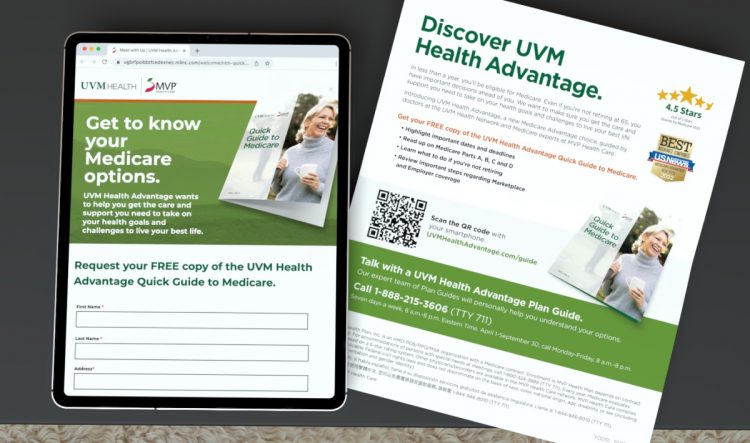 UVM landing page shown on an Ipad next to a UVM insert