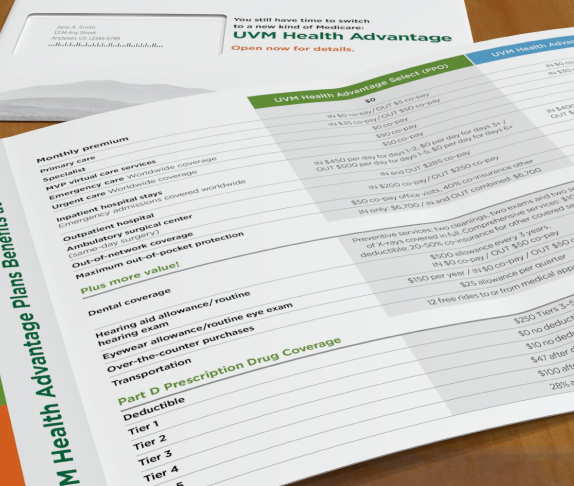 Close up detail shot of an opened UVM Medicare Advantage guide
