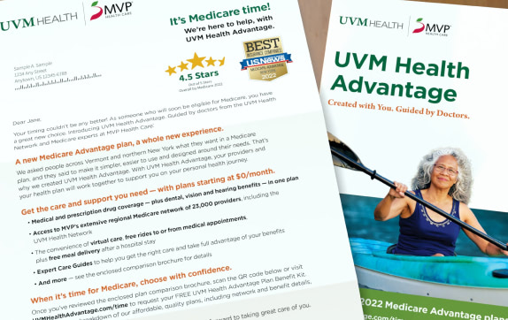 Close up of a UVM letter and cover of the Medicare Advantage guide