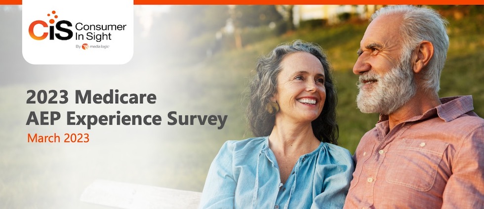 Older couple smiles in a park in a photographic illustration introducing our 2023 Medicare AEP Survey