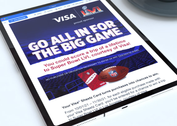 Visa/Sheetz NFL sweepstakes email displayed on an iPad