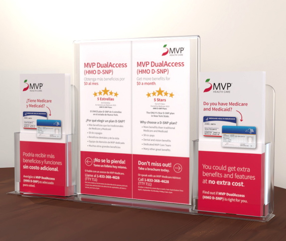 A plastic insert stand holding MVP medicare brochures - from campaign showing D-SNP benefits for Medicare & Medicaid eligibles