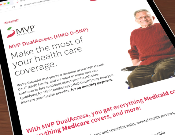 MVP Medicare plan landing page shown on an iPad - Screengrab from campaign showing D-SNP benefits for Medicare & Medicaid eligibles