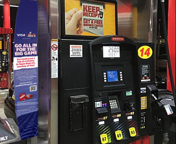 Visa/Sheetz NFL sweepstakes blade sign at gas station pump