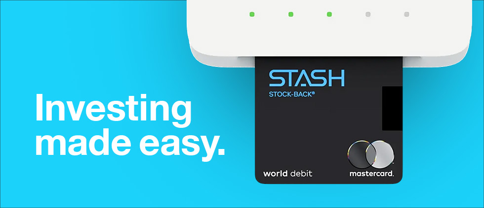 Stash credit card inserted into a chip reader set against a light blue background. White text reads 