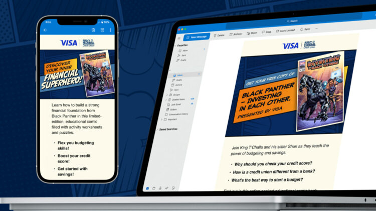 2 Visa Marvel emails shown on an iPhone and laptop
