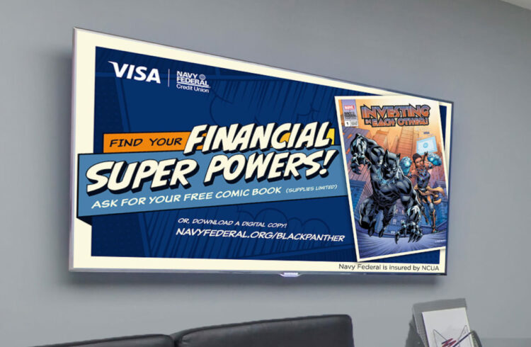 In bank tv screen displaying Visa Marvel animation