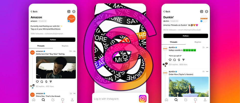 Threads app logo in the center between screenshots of Threads profiles for Amazon and Dunkin