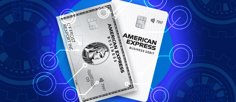 rectangle with a blue and black background and images of American Express credit cards in the foreground