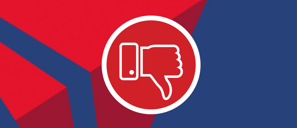 a red thumbs down icon on a blue and red background