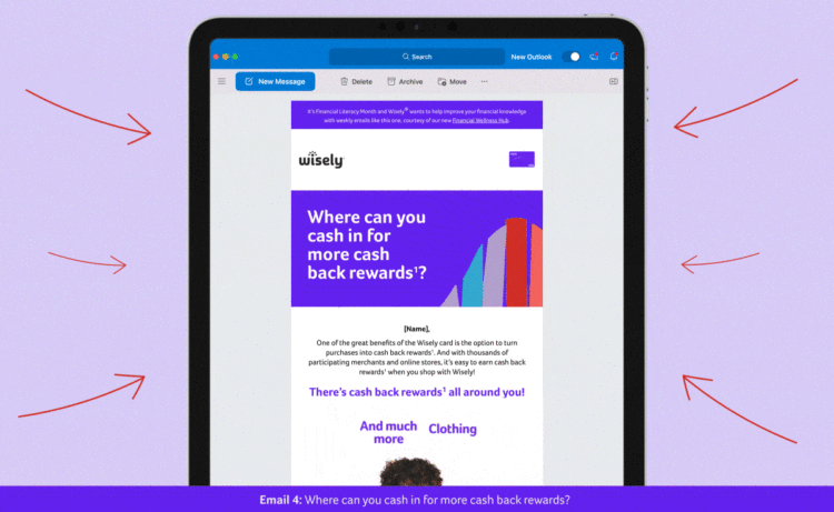 Email 4: Where can you cash in for more cash back rewards? The final email showcased Wisely’s cash back rewards and used animation to tease the multiple reward categories, which kept viewers engaged.